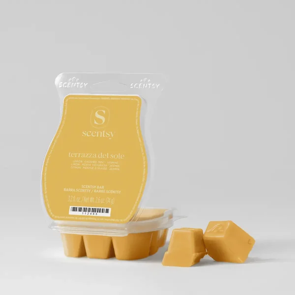 Golden yellow wax bars with embossed Scentsy branding, displayed in a clear plastic clamshell package and arranged in front, the Terrazza del Sole Scentsy Bar