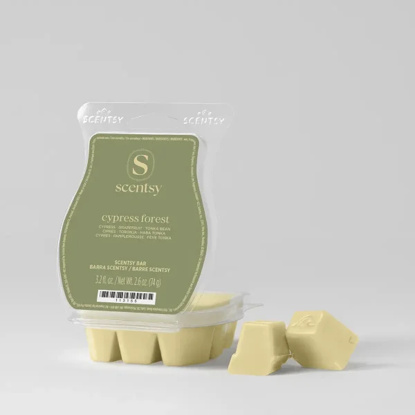 Pale yellow wax melts in a clear clamshell with sage-green label, Cypress Forest Scentsy Bar, with four melts displayed outside the packaging