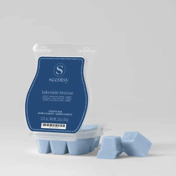 Light blue wax bars with embossed S logo beside their clear plastic clamshell packaging labelled Lakeside Breeze Scentsy Bar in dark blue, 3.2 fl oz