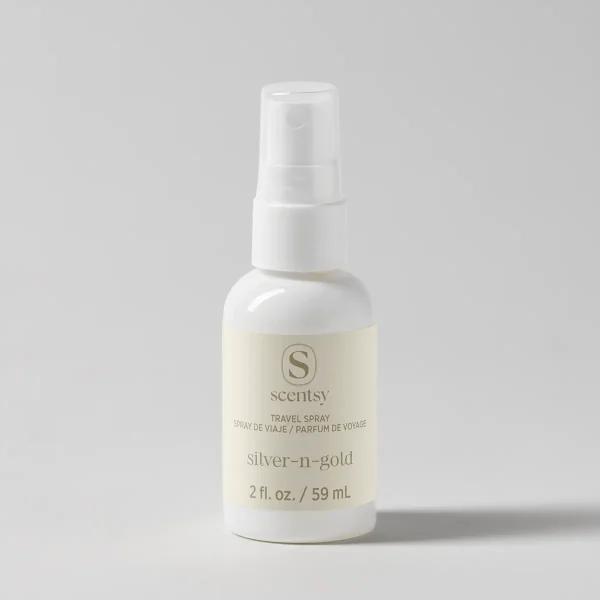 White spray bottle with pump dispenser and pale yellow liquid inside, labelled Silver-N-Gold Travel Spray, 2 fl oz / 59 mL, with Scentsy branding
