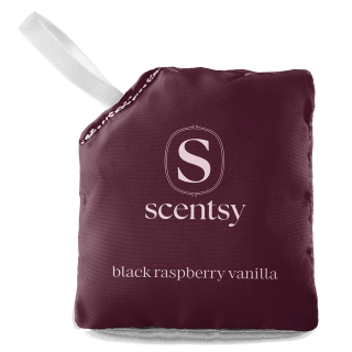 A burgundy fabric Scentsy Scent Pak sachet with a white hanging loop, printed with the Scentsy logo and the fragrance name Black Raspberry Vanilla