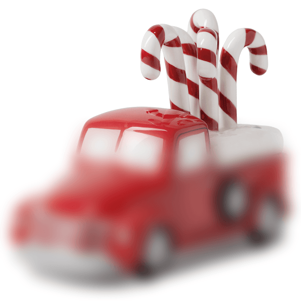Red and white striped candy cane-shaped topper with three canes mounted on a red truck-shaped warmer dish base, Candy Cane Topper