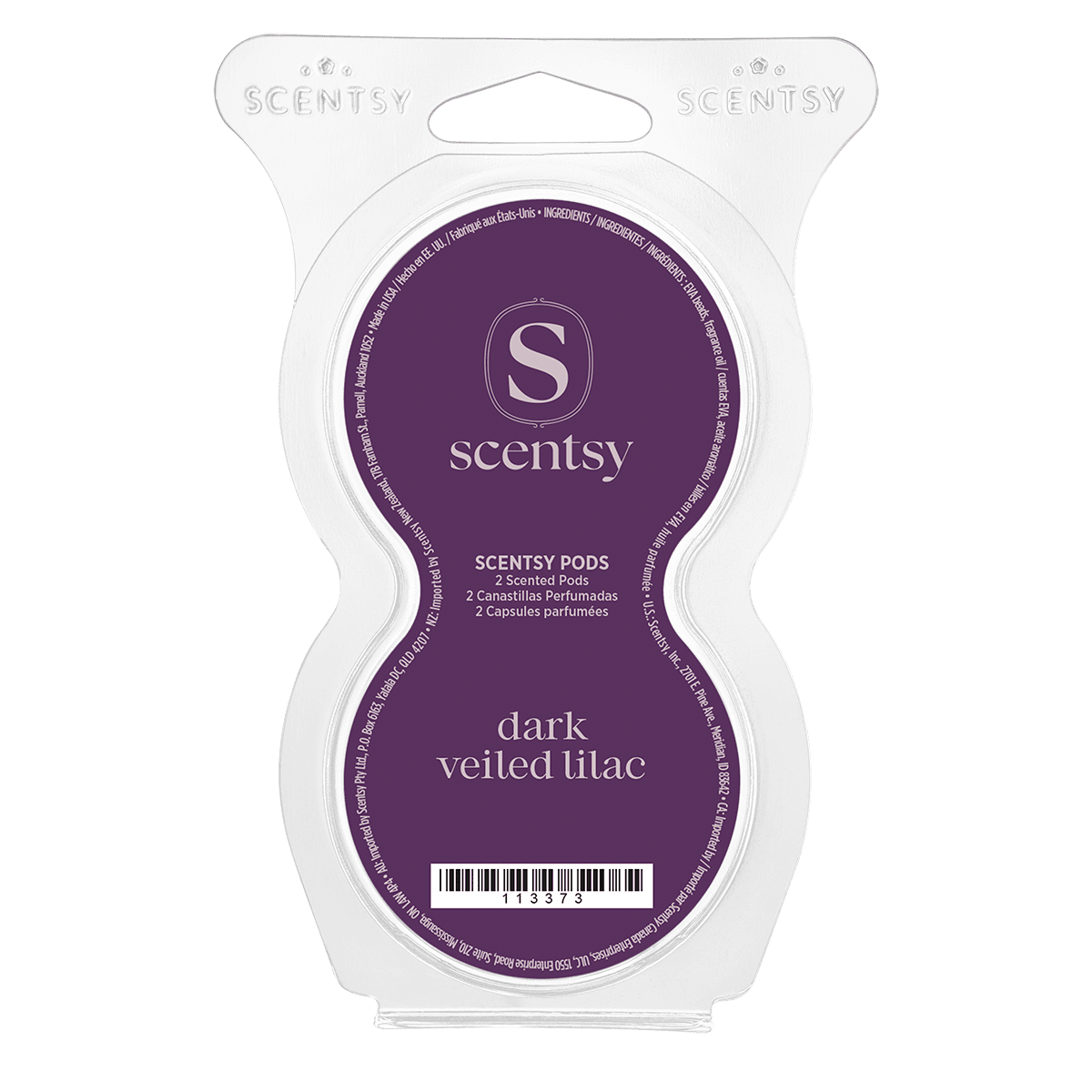 Scentsy Pods packaging in purple and white, showing two scented pods, product name "dark veiled lilac" and barcode on front label.