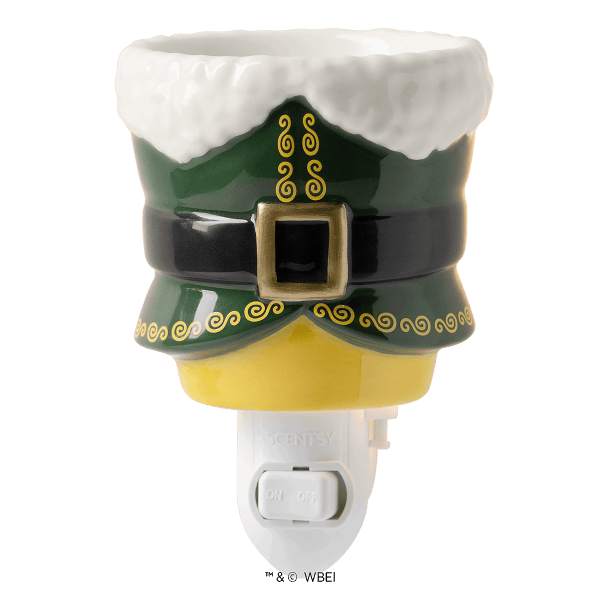 Festive mini wall plug warmer shaped like a leprechaun with white fluffy hair, green hat with gold swirls and buckle, black belt, and yellow chin, the Elf: Buddy’s Christmas Joy Mini Scentsy Warmer