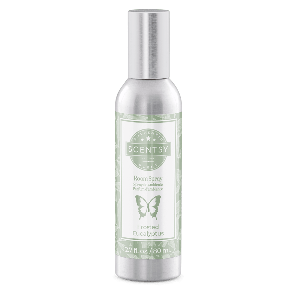 Metallic silver bottle with pale green label featuring a butterfly illustration and the Scentsy Authentic Scent seal, containing Frosted Eucalyptus Room Spray, 2.7 fl oz / 80 mL