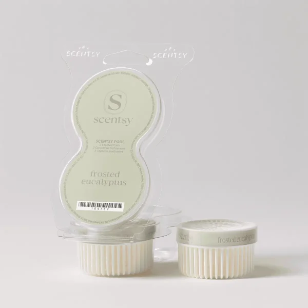 Clear clamshell package containing two cream-colored wax pods labeled Frosted Eucalyptus Scentsy Pods, with two matching pods displayed in front