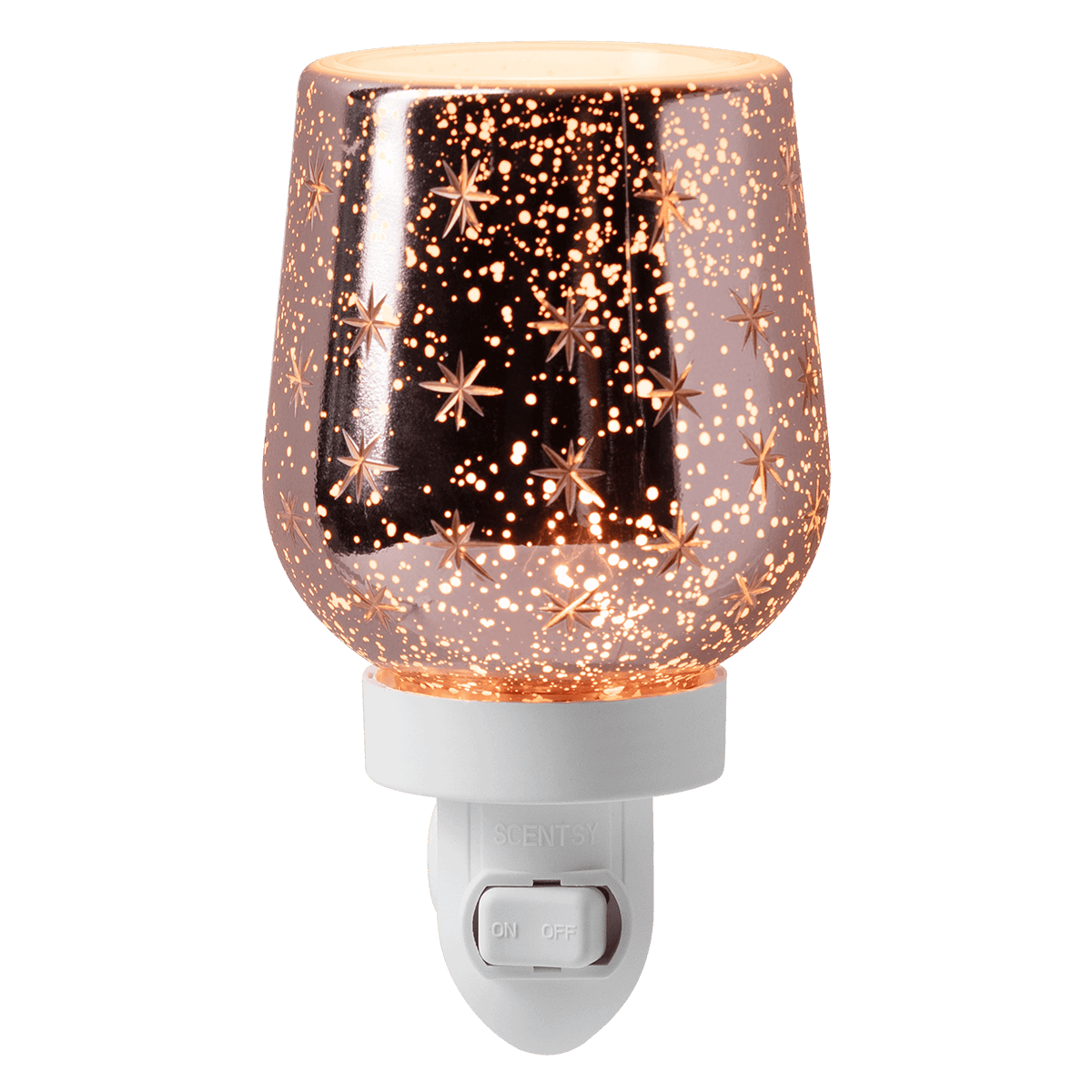 Rose gold glitter mini warmer with dimensional stars and scattered dots, seated on a white plug base with on/off switch
