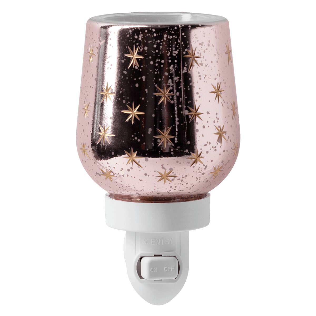 Rose-gold glitter and speckled mini warmer with gold star design, the Frosted Flurry, on white wall-plug base with on/off switch