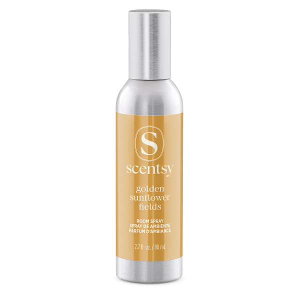 Metallic silver bottle with gold label featuring the Scentsy logo and text for Golden Sunflower Fields Room Spray, 2.7 fl oz, with a silver spray nozzle