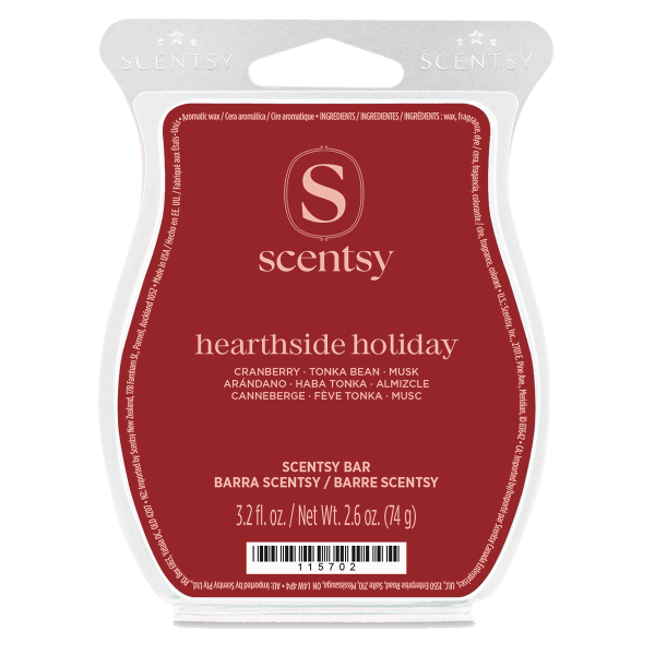 Red and cream clamshell packaging for Hearthside Holiday Scentsy Bar, showing Scentsy branding and scent notes of cranberry, tonka bean, and musk, 2.6 oz