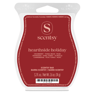 Red and cream clamshell packaging for Hearthside Holiday Scentsy Bar, showing Scentsy branding and scent notes of cranberry, tonka bean, and musk, 2.6 oz