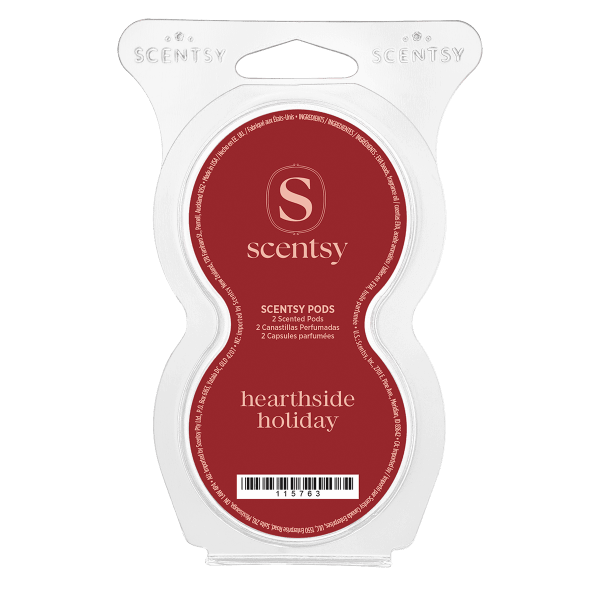 Clear clamshell package with white outer frame holding a burgundy pod label printed with the Scentsy logo and "hearthside holiday" text, containing 2 Hearthside Holiday Scentsy Pods