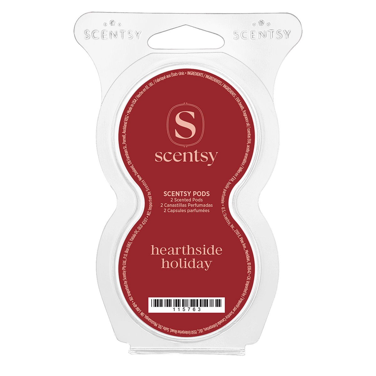 Clear clamshell package with white outer frame holding a burgundy pod label printed with the Scentsy logo and "hearthside holiday" text, containing 2 Hearthside Holiday Scentsy Pods