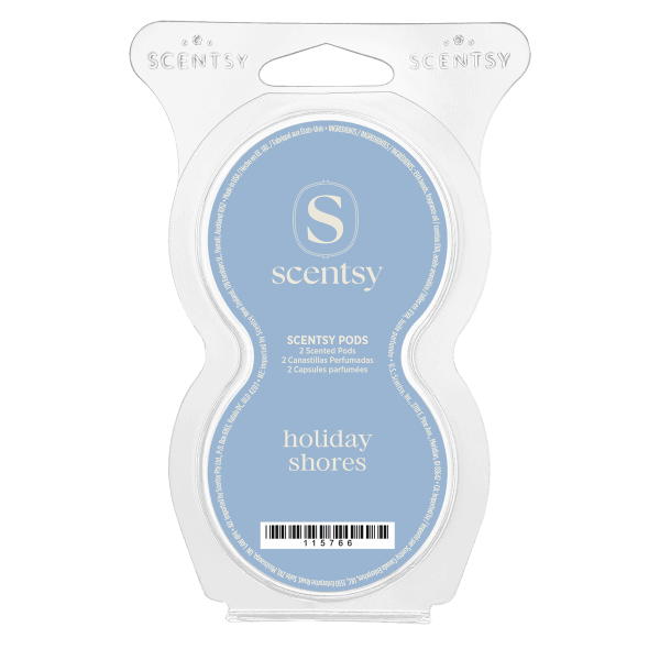 Holiday Shores Scentsy Pods - Clear clamshell package with white frame holding a blue circular label featuring the Scentsy logo and "Holiday Shores" text, containing two scented pods