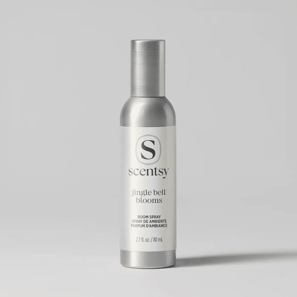 Jingle Bell Blooms Room Spray - Silver cylindrical room spray bottle with white label featuring the Scentsy logo and Jingle Bell Blooms text, 80 mL size, on neutral background