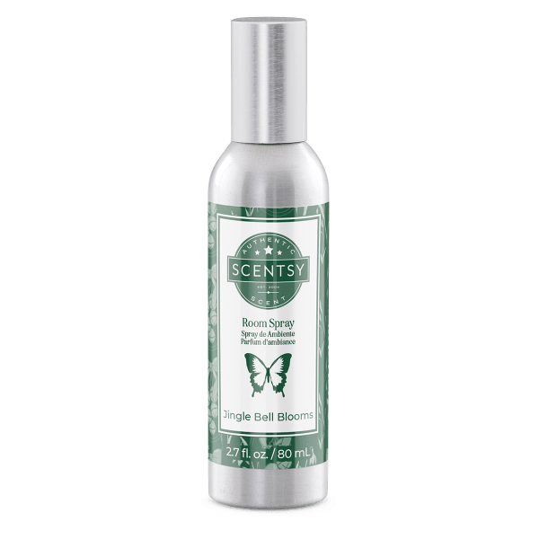 Metallic silver bottle with green label featuring a butterfly design and Scentsy branding for Jingle Bell Blooms Room Spray, 2.7 fl oz