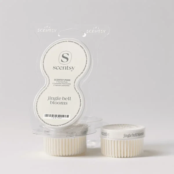 Jingle Bell Blooms Scentsy Pods package with clear clamshell packaging showing two cream-colored scented pods inside, displayed with two individual pods in front