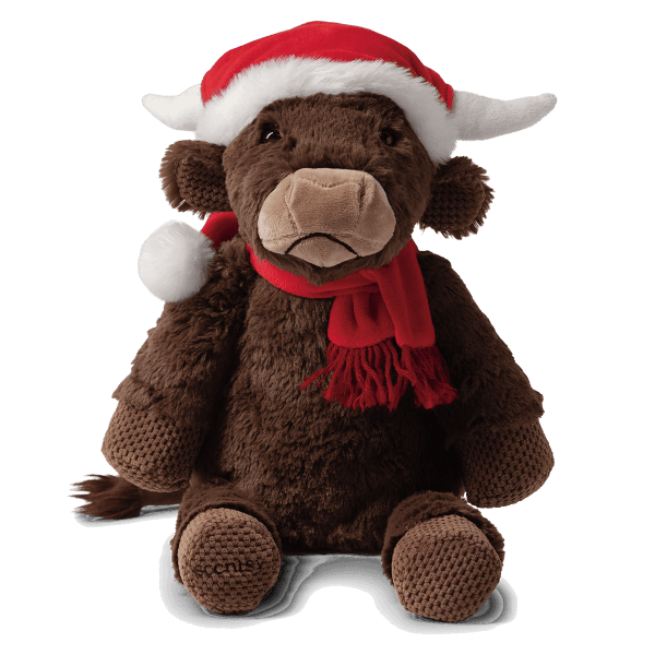Soft plush brown bull with cream-coloured snout and white horns wearing a red and white Santa hat and red scarf, the Jolly Ol'Saint Moo Scentsy Buddy