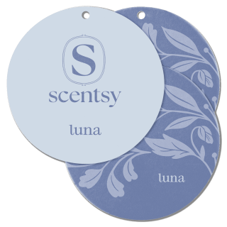 Three round Scentsy Scent Circle discs fanned out, one pale blue side printed with the Scentsy logo and the fragrance name Luna, the reverse side a deeper blue with a leaf pattern