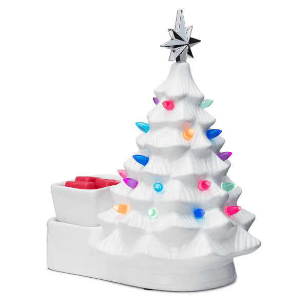 White ceramic Christmas tree warmer with tiered sections and textured ridges, topped with a silver dimensional star, decorated with colourful round and teardrop ornaments, the Merry Little Christmas - White Scentsy Warmer, with a matching white base and red wax visible in the top reservoir