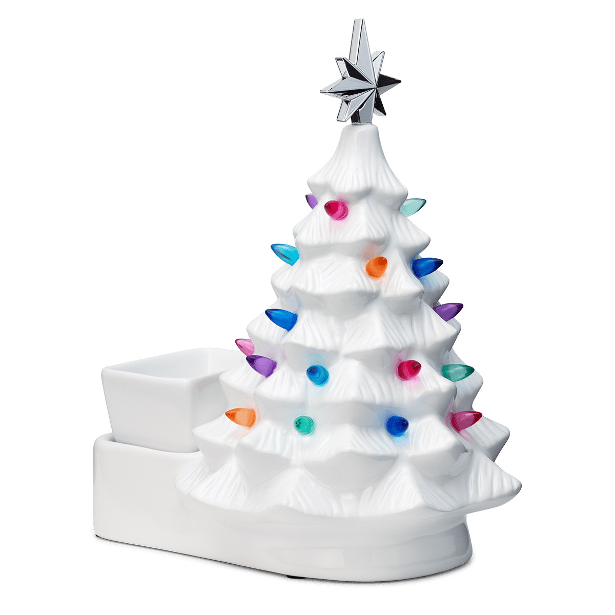 White ceramic Christmas tree warmer with silver star topper and colourful teardrop-shaped lights, the Merry Little Christmas Scentsy Warmer