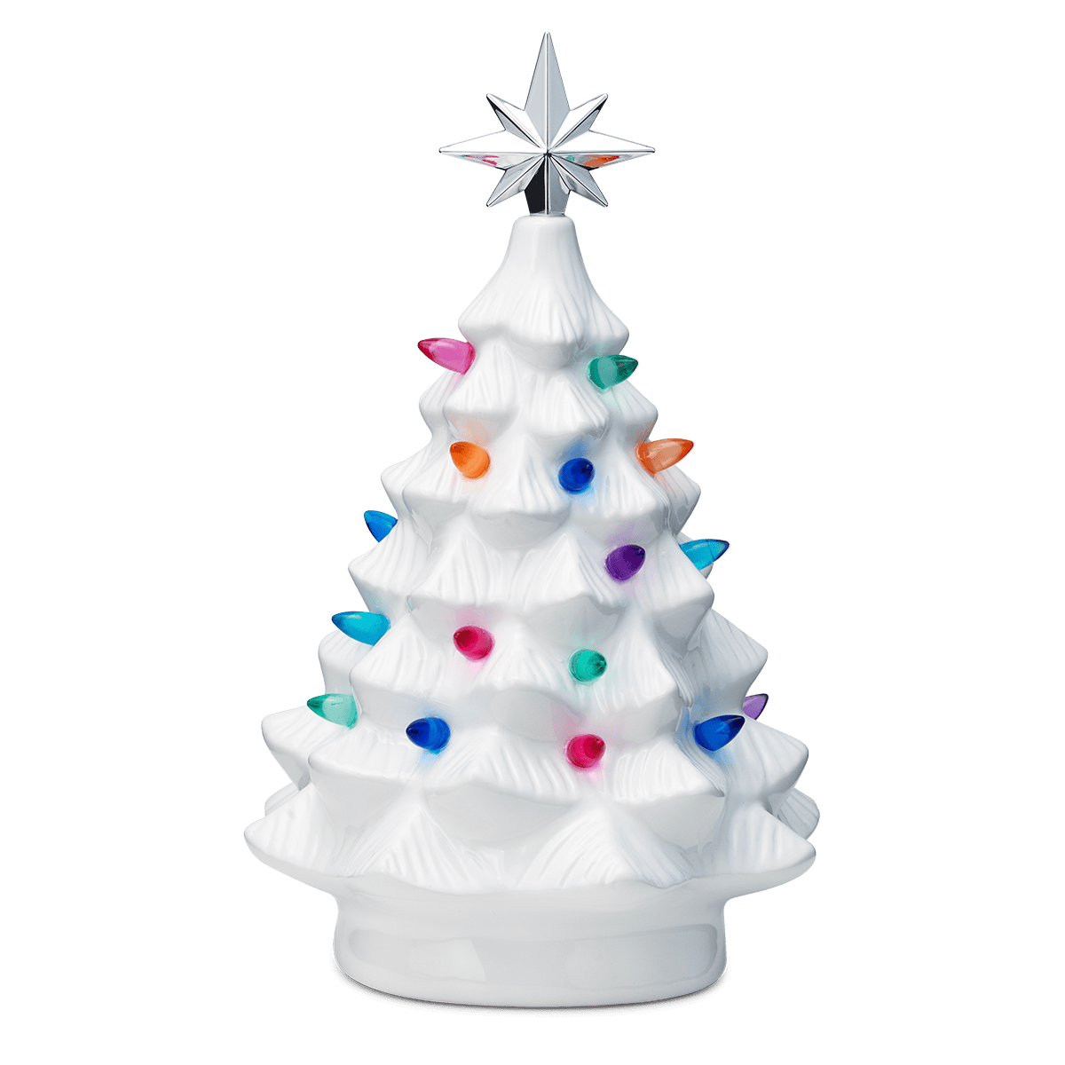 White ceramic Christmas tree warmer with textured ridged surface, colourful teardrop and round ornaments, and a silver star topper, the Merry Little Christmas Scentsy Warmer