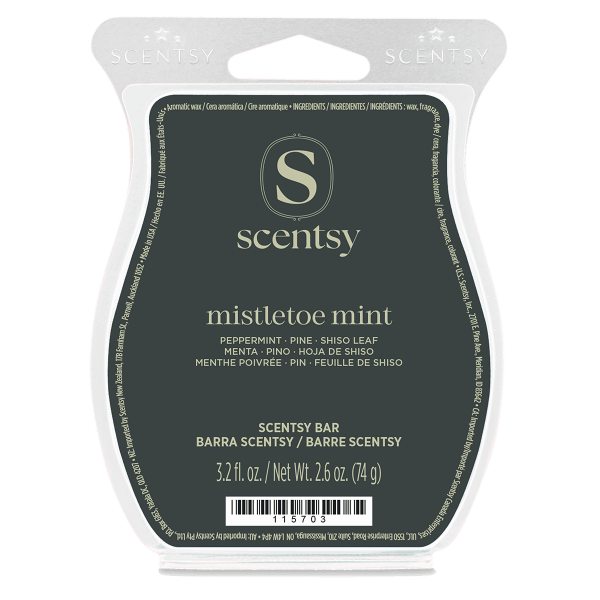 Mistletoe Mint Scentsy Bar in clear clamshell packaging with dark grey label, 2.6 oz wax bar featuring peppermint, pine and shiso leaf scents