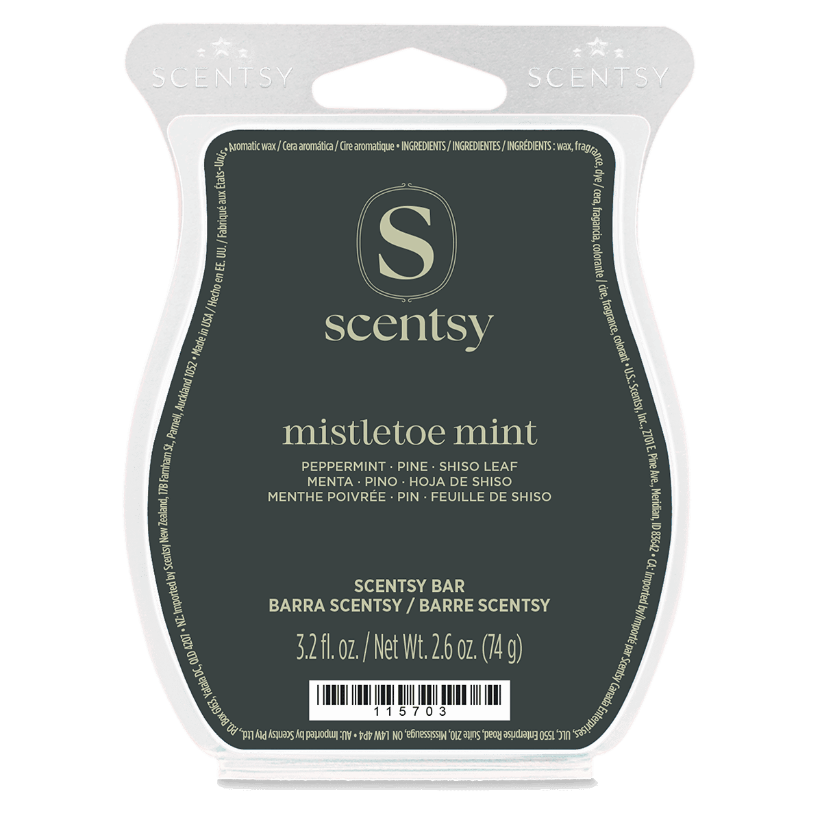 Mistletoe Mint Scentsy Bar in clear clamshell packaging with dark grey label, 2.6 oz wax bar featuring peppermint, pine and shiso leaf scents
