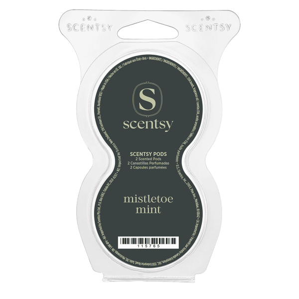 White clamshell packaging with dark charcoal label showing the Scentsy logo and "Mistletoe Mint Scentsy Pods" text, containing 2 scented pods