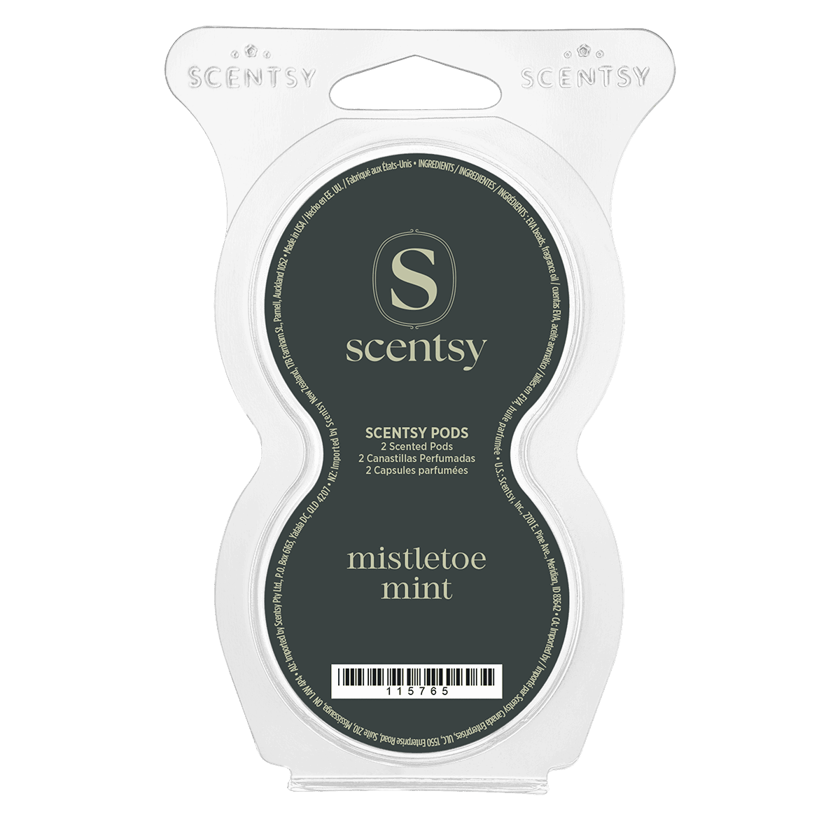 White clamshell packaging with dark charcoal label showing the Scentsy logo and "Mistletoe Mint Scentsy Pods" text, containing 2 scented pods