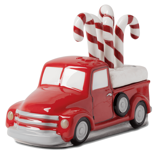 Red retro-style ceramic truck warmer with white-wall tires and chrome accents, topped with three red-and-white striped candy cane decorations, the Red Retro Truck Scentsy Warmer with Candy Cane Topper