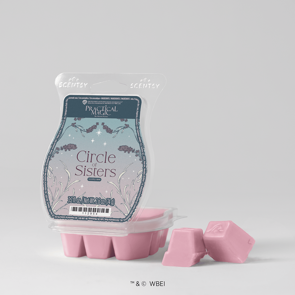 Scentsy wax bar in Circle of Sisters scent, pink wax in clear clamshell packaging with teal and blush label featuring mystical botanical design, displayed with individual wax cubes