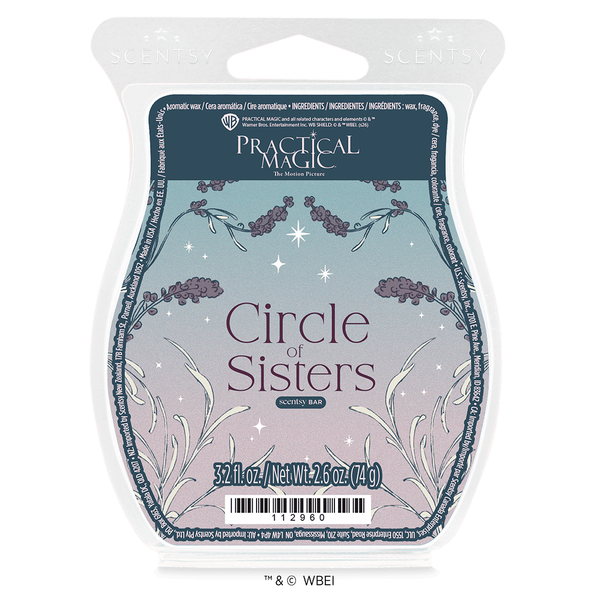Scentsy Bar in Practical Magic scent with blue-grey packaging featuring purple berries and botanical line drawings, stars, and "Circle of Sisters" text