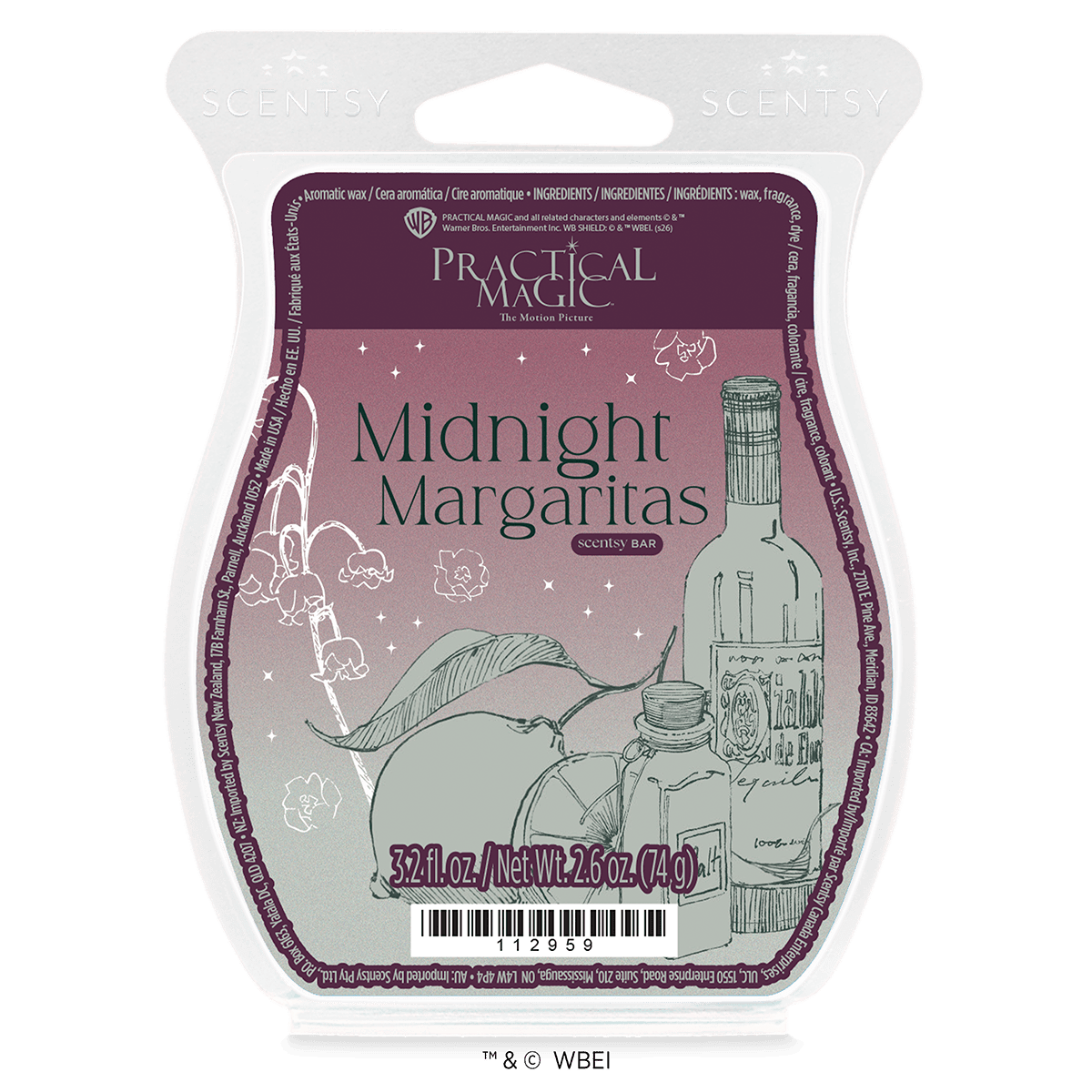 Scentsy Bar package with mauve label featuring Practical Magic branding, illustrated cocktail bottle and magical elements, labeled Midnight Margaritas