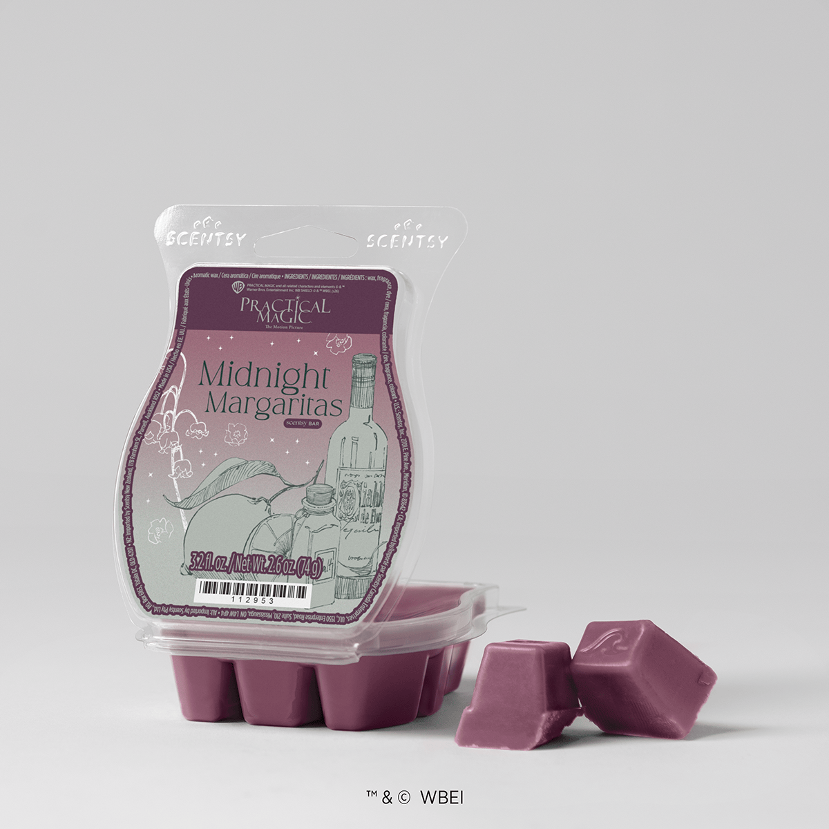 Mauve Scentsy wax bar labeled Midnight Margaritas from the Practical Magic collection, shown in clear clamshell packaging with two individual wax cubes displayed in front