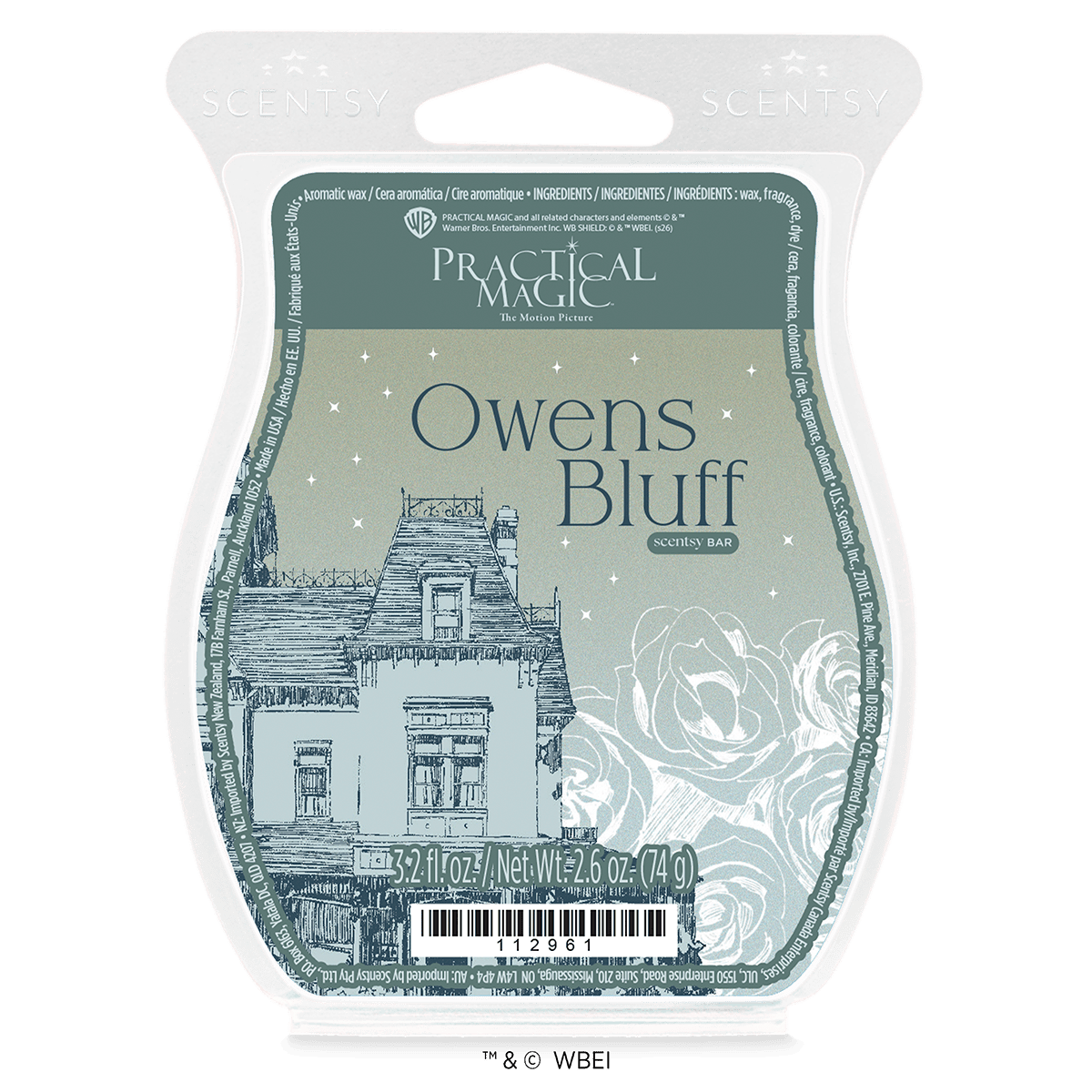 Scentsy Bar with sage-green label featuring Practical Magic branding, an illustrated Victorian mansion, white roses, and stars, labeled Owens Bluff