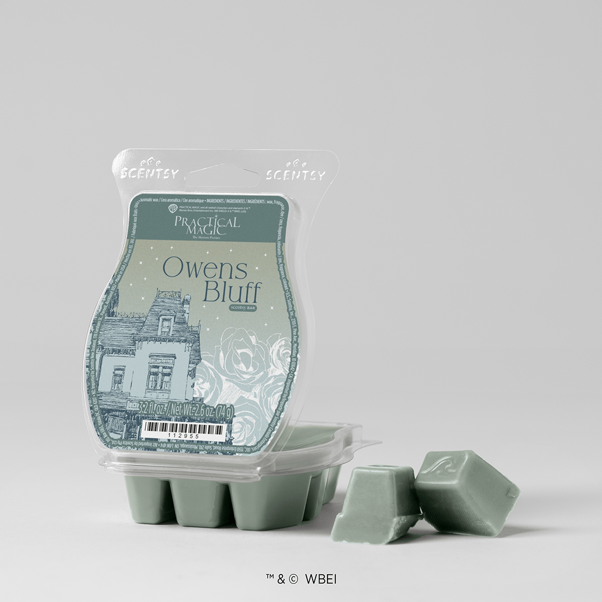 Sage-green wax bar with architectural illustration and rose motifs, Owens Bluff Scentsy Wax, shown in clear clamshell packaging with three individual cubes displayed