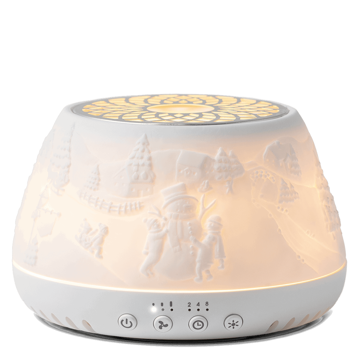 White ceramic ultrasonic diffuser with embossed winter scene of trees, houses and figures, illuminated top with geometric pattern, four touch-control buttons on base