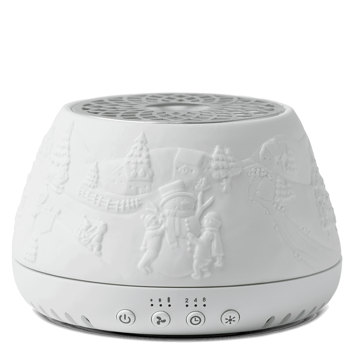 White ceramic ultrasonic diffuser with embossed winter village and holiday scene, perforated top, and four touch-control buttons at base, the Scentsy Air Quad – Icicle Lan