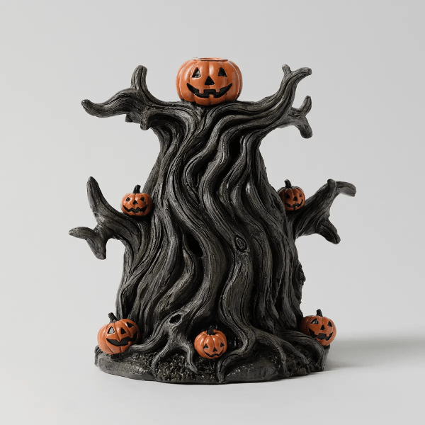 Black gnarled tree trunk with outstretched branch-like arms, topped with a jack-o'-lantern and decorated with five small carved pumpkins, the Shade Only - Midnight Jack Scentsy Diffuser