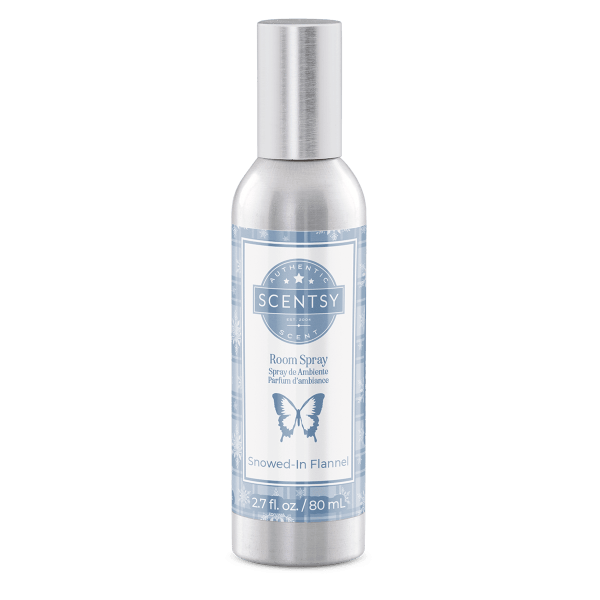 Metallic silver spray bottle with blue and white label featuring a butterfly design and text reading "Snowed-In Flannel Room Spray," 2.7 fl oz