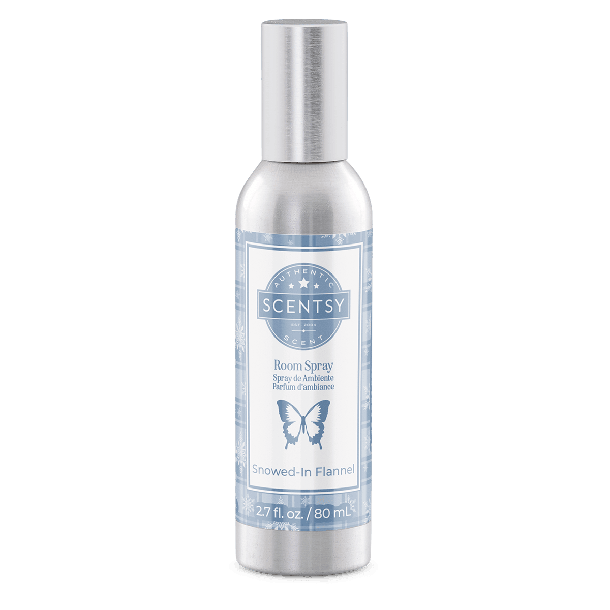 Metallic silver spray bottle with blue and white label featuring a butterfly design and text reading "Snowed-In Flannel Room Spray," 2.7 fl oz