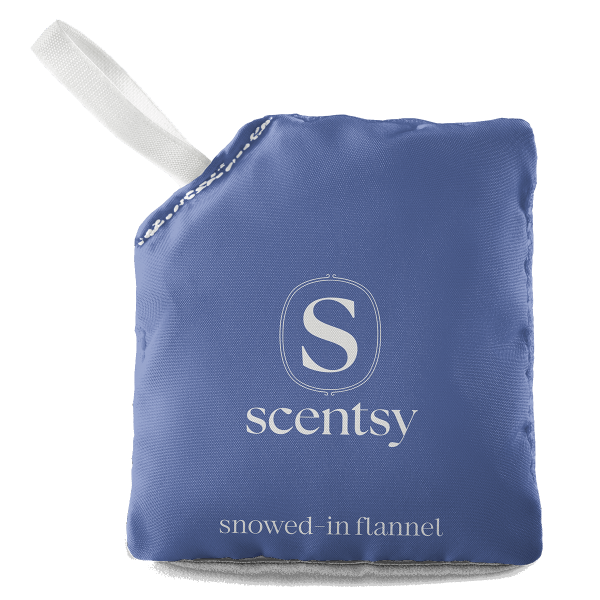 Periwinkle blue fabric Scent Pak with white grosgrain loop and Scentsy logo, for Snowed-In Flannel fragrance