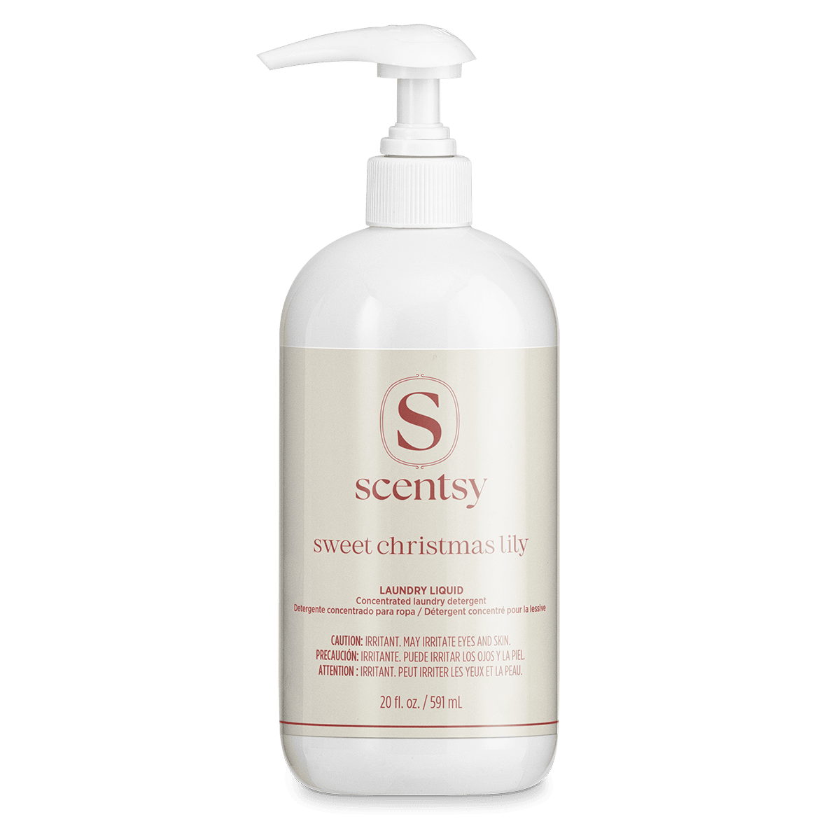 White pump bottle of Scentsy Sweet Christmas Lily Laundry Liquid concentrated detergent, 20 fl oz, with cream label and red text