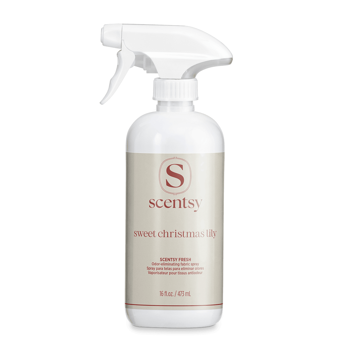 White spray bottle with trigger nozzle and cream-coloured label featuring the Scentsy logo and Sweet Christmas Lily Scentsy Fresh text, 473 ml fabric spray for odour elimination