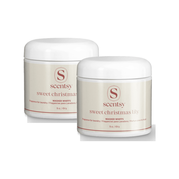 Sweet Christmas Lily Washer Whiffs 2-pack - Two white cylindrical jars with white lids containing Scentsy Sweet Christmas Lily Washer Whiffs, 16 oz each, with cream-coloured labels and red branding