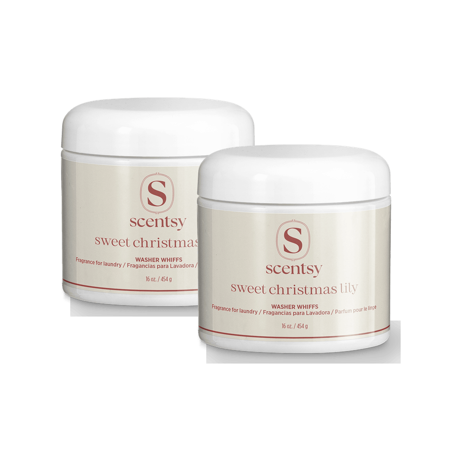 Sweet Christmas Lily Washer Whiffs 2-pack - Two white cylindrical jars with white lids containing Scentsy Sweet Christmas Lily Washer Whiffs, 16 oz each, with cream-coloured labels and red branding