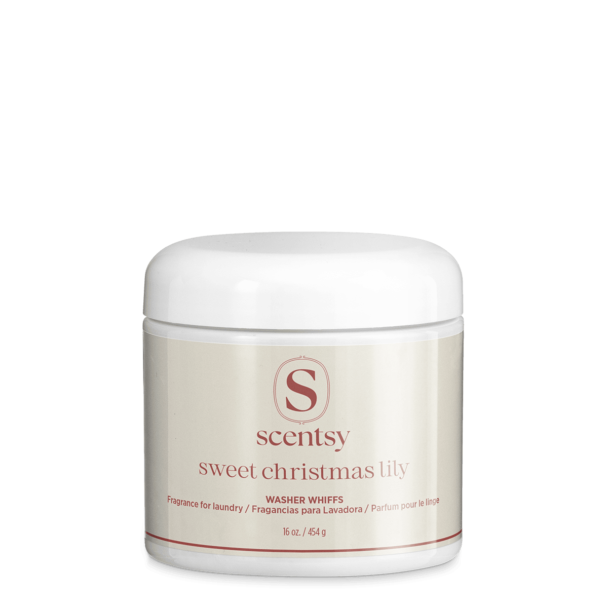 White jar with rounded lid containing cream-coloured granules, labeled Scentsy Sweet Christmas Lily Washer Whiffs fragrance for laundry, 16 oz