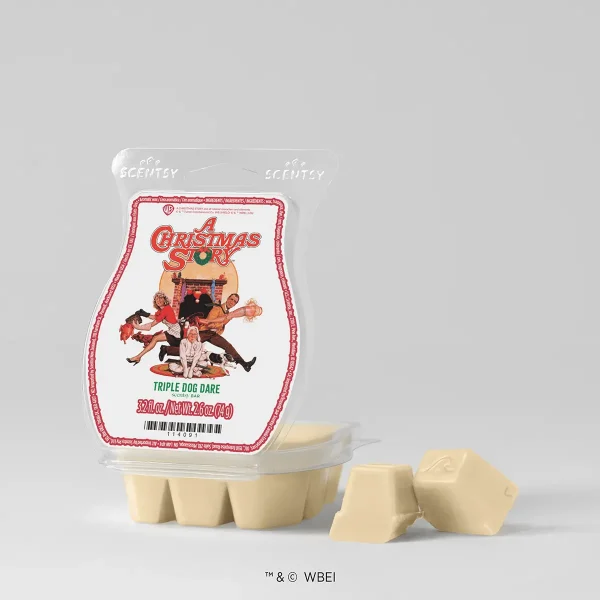 Cream-coloured wax bars in a clear plastic clamshell with a red-bordered label featuring A Christmas Story: Triple Dog Dare Scentsy Bar artwork showing characters and a fireplace scene
