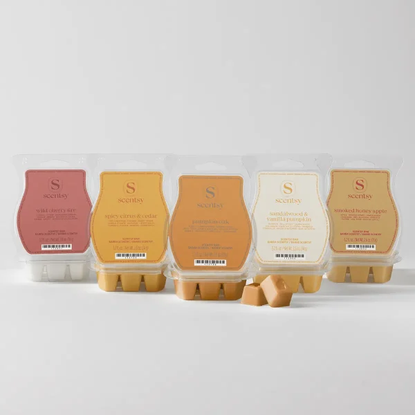 Five Scentsy Bars in autumn-themed colours displayed with wax melts removed from their clear plastic clam shells, the Autumn Scentsy Bar 5-pack featuring wild cherry fire, spicy citrus & cedar, pumpkin oak, sandalwood & vanilla pumpkin, and smoked honey apple
